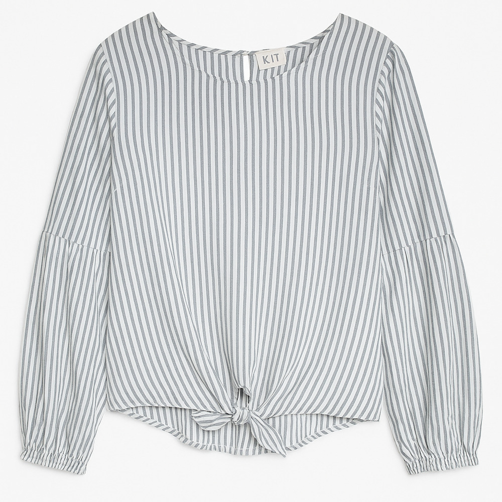 NEW, Women's Vertical Striped Long Sleeve Blouse –Casual Elegant with Front Knot